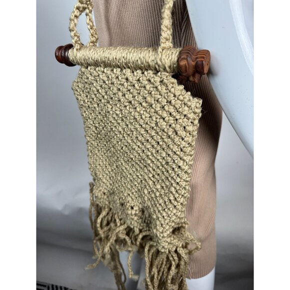 Handwoven Macrame Crossbody Bag With Wooden Handles & Fringe Details Natural Bei - Picture 2 of 14